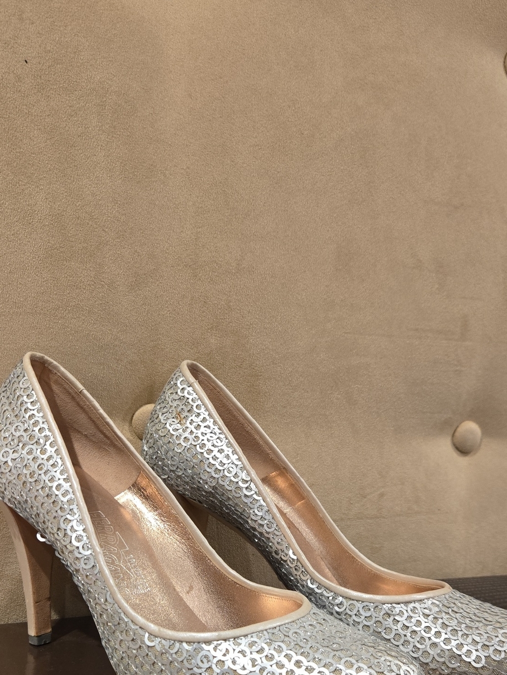 Salvatore Ferragamo Silver Sequin Pump Heels